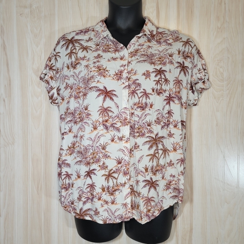 Tropical Print Button-Up Blouse